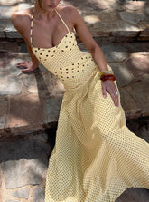 Marguerite Halter Maxi Dress Lemon / Brown Polka Dot
