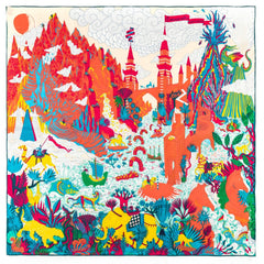Twill Silk Animal Castle Print Square Scarf