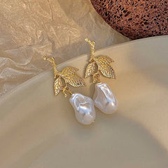 S925 Silver Needle Vintage Metal Leaf Pearl Earrings