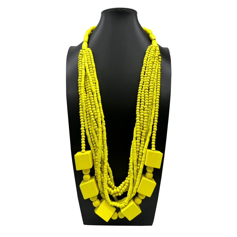 Geometric Multi-Layer Wooden Bead Necklace