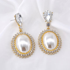 Pre Order:  Big Oval Pearl Crystal Long Drop Earrings