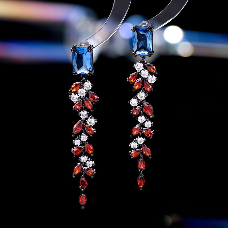 Zircon Inlaid Leaf Tassel Earrings