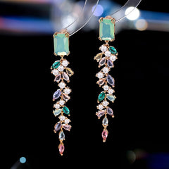 Zircon Inlaid Leaf Tassel Earrings
