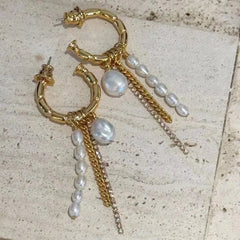 Skeletal C-Shaped Pearl And Chain Dangle Earrings