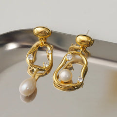 Retro Asymmetrical Pearl Zircon Earrings