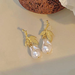 S925 Silver Needle Vintage Metal Leaf Pearl Earrings