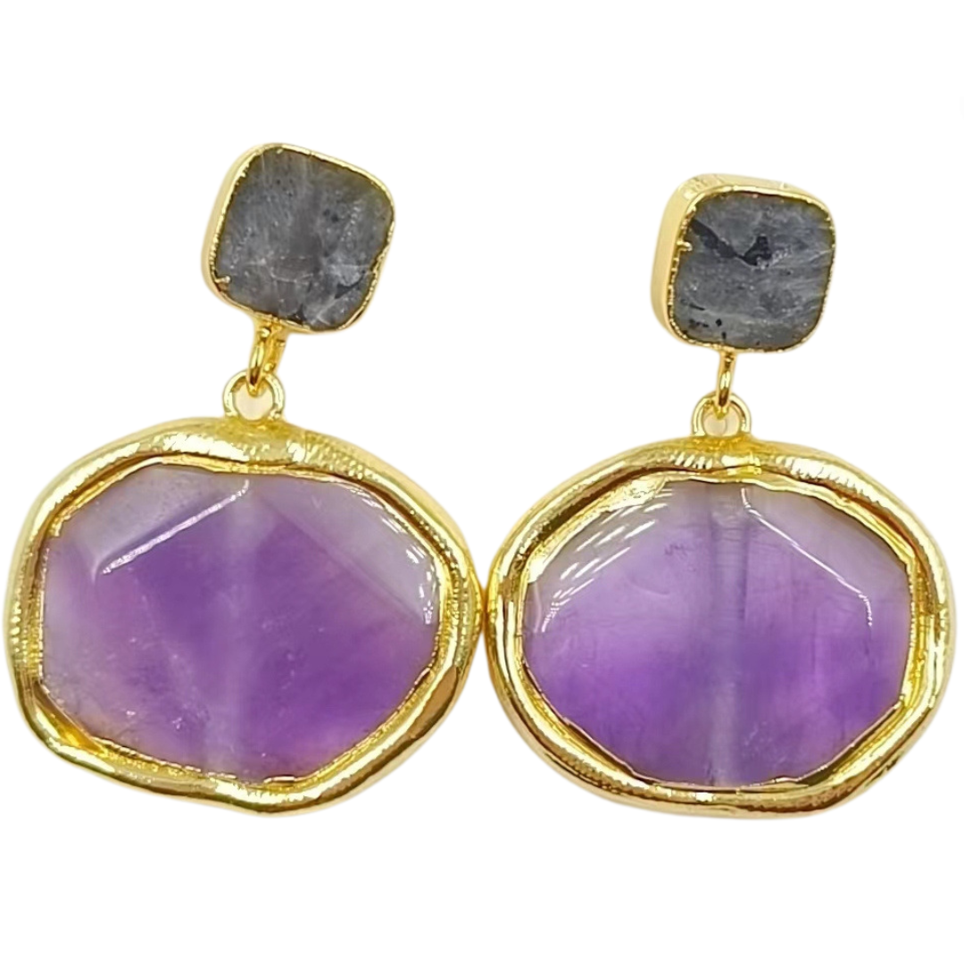 Colored Gemstone Geometric Pendant Earrings